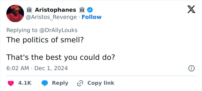 Tweet questioning the "politics of smell" thesis, sparking academic outrage over perceived "woke" themes.