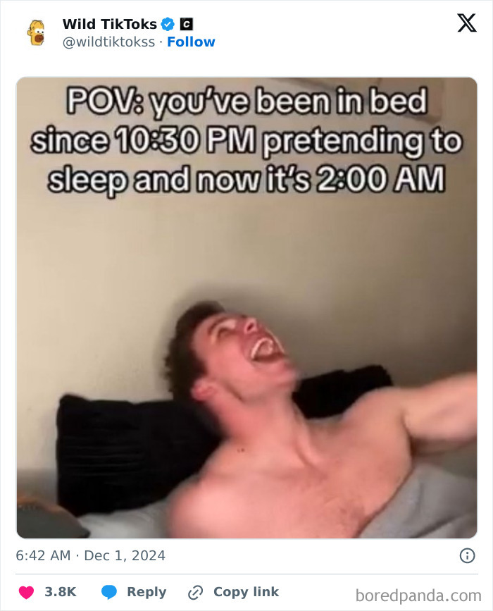 Man laughing in bed at 2:00 AM, with a humorous TikTok screenshot about pretending to sleep since 10:30 PM.