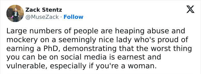 Tweet discussing the backlash against a woman's PhD thesis on the politics of smell, highlighting social media dynamics.