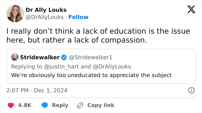 Dr Ally Louks replies to a tweet discussing education and compassion related to the politics of smell thesis.