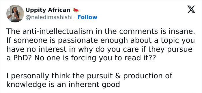 Tweet defends academic's "Politics of Smell" thesis amid backlash, emphasizing the value of knowledge pursuit.