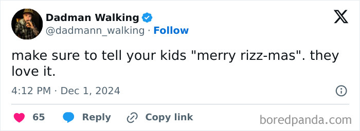 Tweet from Dadman Walking jokingly suggests saying "merry rizz-mas" to kids, part of hilarious tweets from parents.