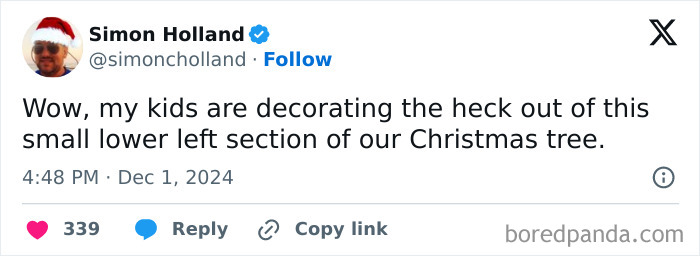 Parent's funny tweet about kids decorating just part of the Christmas tree.