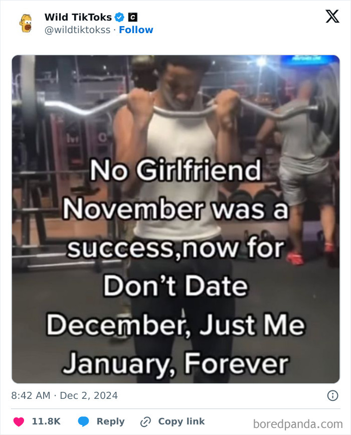 Man lifting weights in a gym, with text overlay about dating challenges from TikTok screenshots.