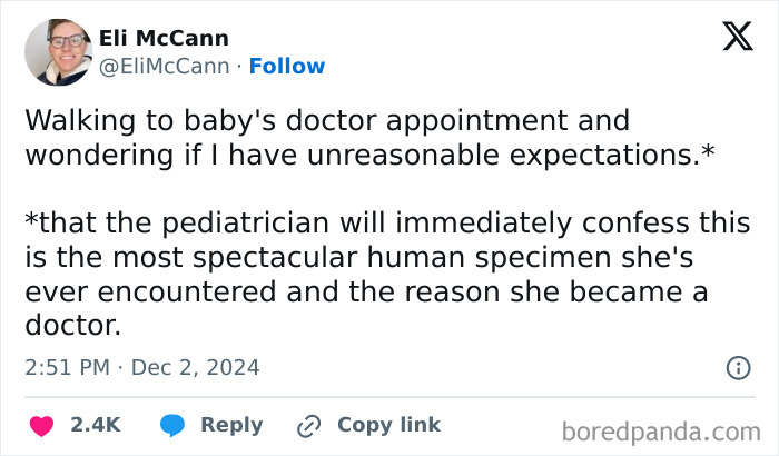 Tweet from a parent humorously discussing expectations for a baby's doctor visit.