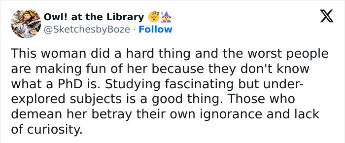 Tweet defends academic's "Politics of Smell" thesis against criticism, highlighting value in exploring niche subjects.