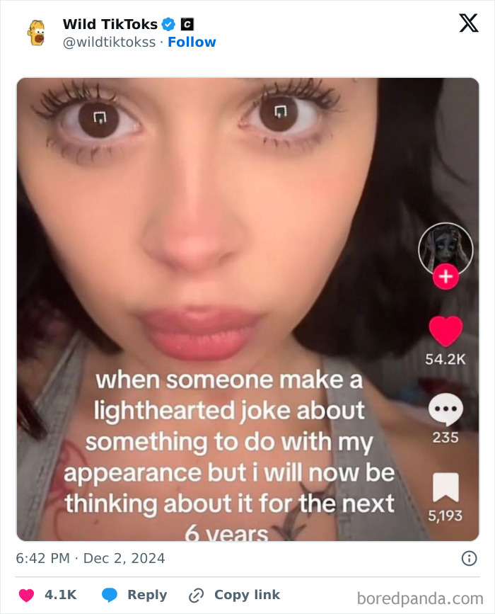 TikTok screenshot of a person reacting to a lighthearted joke about their appearance.