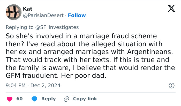 Tweet about Hannah Kobayashi’s link to marriage scam involving Argentineans, discussing potential fraud.