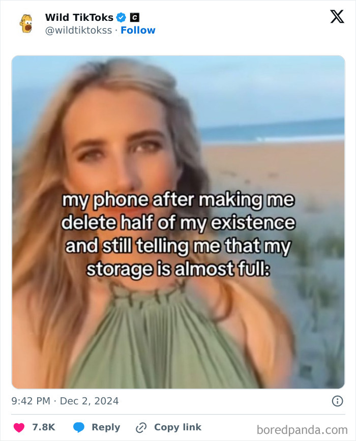 Woman on beach with humorous TikTok text overlay about phone storage issues.