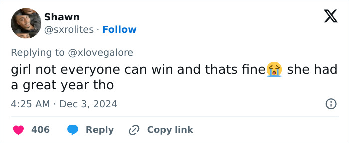 Tweet by Shawn responding to @xlovegalore about a contest outcome, mentioning a "great year" despite not winning.