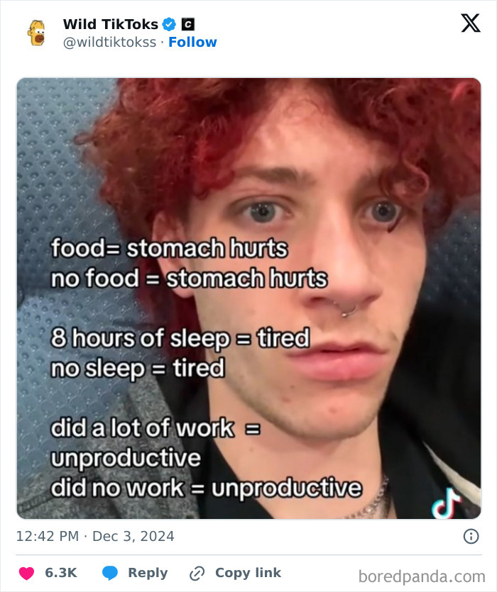 A screenshot from TikTok showing a confused expression with ironic text about food, sleep, and productivity, questioning reality.