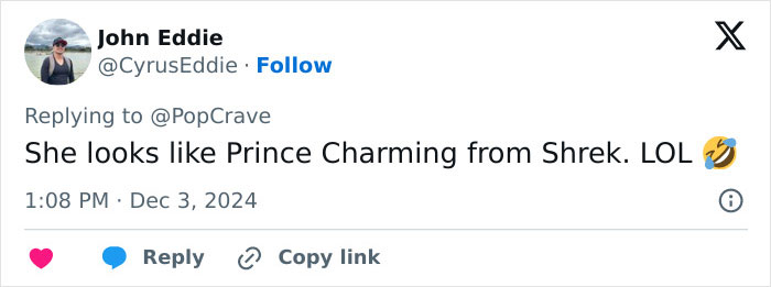 Tweet by John Eddie referencing Prince Charming, discussing a new look and making a humorous comparison.