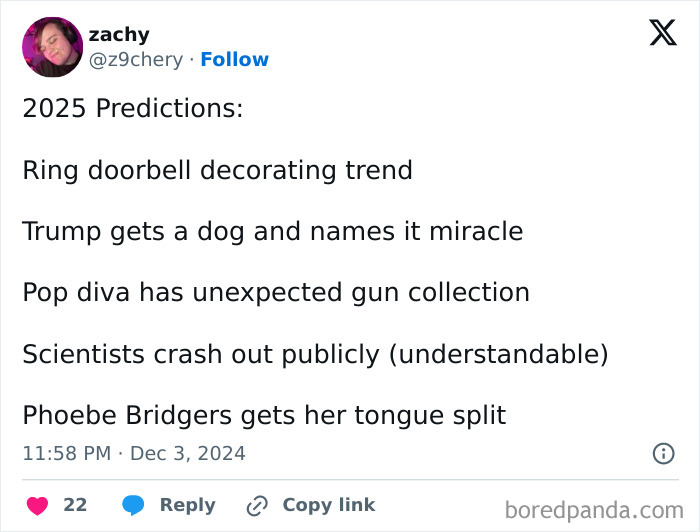 Social media post with humorous 2025 predictions, including trends and surprising events.