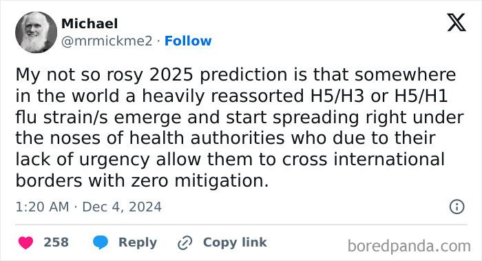 Tweet sharing a 2025 prediction about emerging flu strains affecting global health measures.