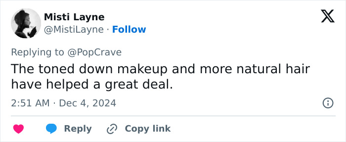 Tweet by Misti Layne commenting on makeup and hair changes at a public event.