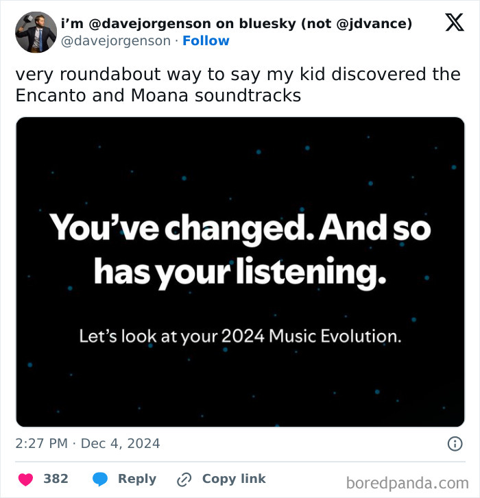 Tweet about music evolution, humorously referencing kids discovering the Encanto and Moana soundtracks.