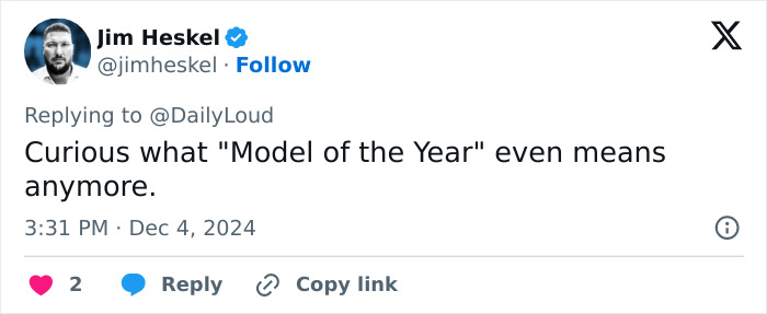 Tweet questioning the meaning of "Model of the Year" amid recent controversy.