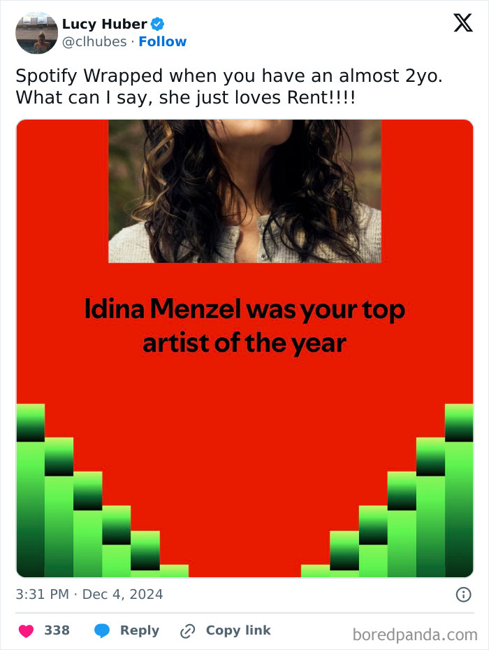 Funny tweet about Spotify Wrapped with toddler obsessed with Idina Menzel, highlighting humorous parental moments.