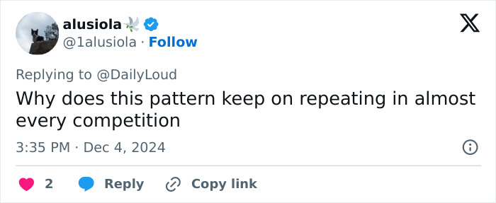 Tweet questioning repetitive patterns in competitions.