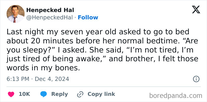 Tweet by a parent humorously discussing a child's bedtime antics, highlighting a shared feeling of exhaustion.