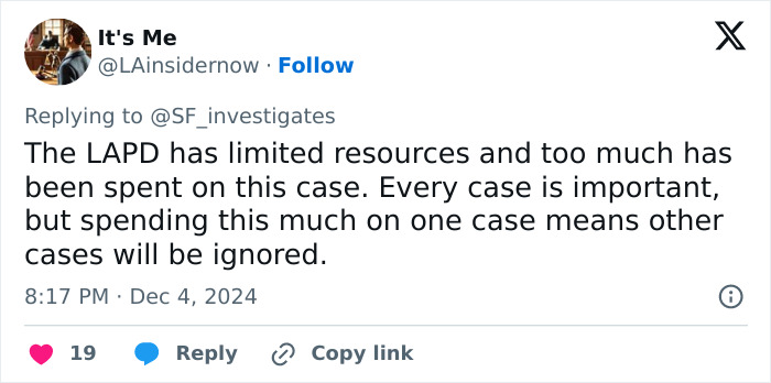 Tweet discussing police resource allocation in the Hannah Kobayashi green card marriage scam case.