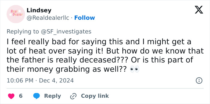 Tweet questioning the authenticity of a woman's father's death, connected to a green card marriage scam.