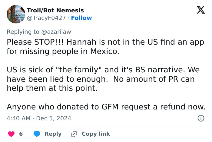 Social media post discussing Hannah Kobayashi and requesting refunds for donations, mentions green card marriage scam.