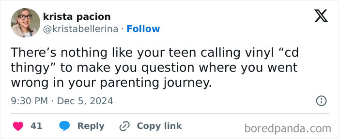 Tweet from a parent joking about their teen calling vinyl a "CD thingy," highlighting a humorous parenting moment.