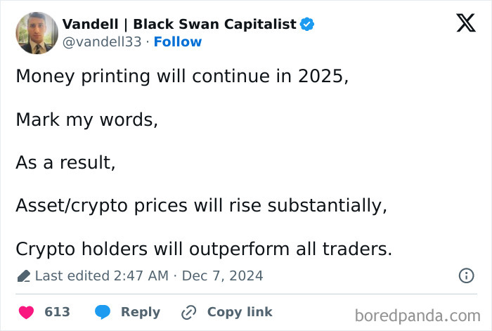 Tweet predicting 2025 money printing, asset/crypto price rises, and outperformance of crypto holders.