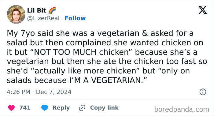 A funny tweet from a parent about their child humorously defining their version of being a vegetarian.