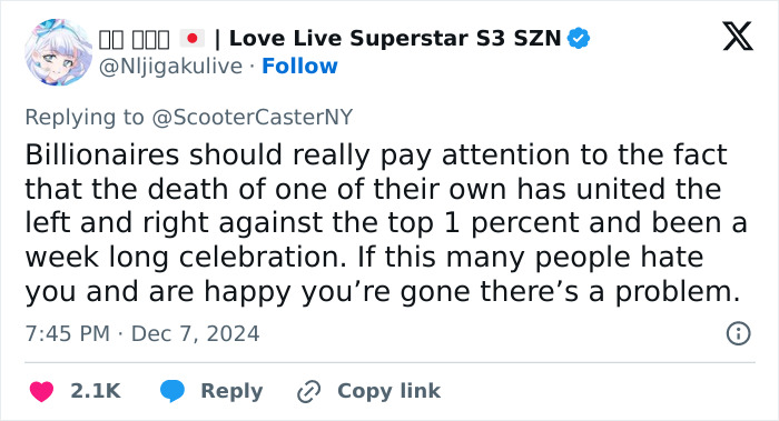 Tweet about celebration after a billionaire's passing and uniting people against the top 1 percent.