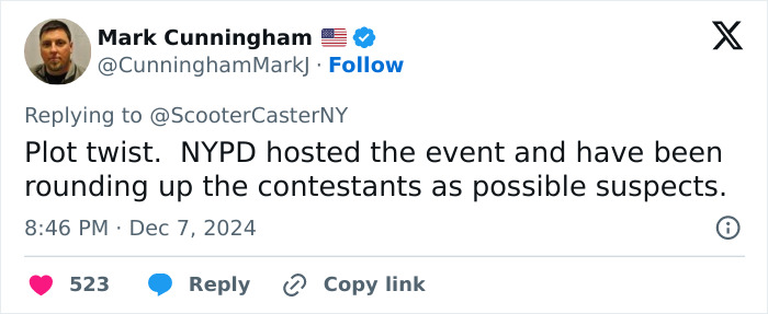 Tweet by Mark Cunningham discussing NYPD's involvement in lookalike contest for Brian Thompson homicide.