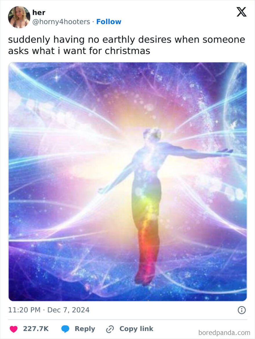 Colorful ethereal figure overlaid with text expressing desirelessness, capturing a funny Christmas meme theme.