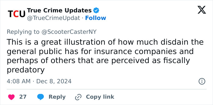 Tweet discussing public disdain for insurance firms, related to Brian Thompson homicide lookalike contest.