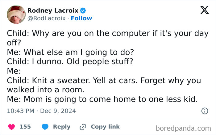 Funny tweet from a parent joking about day off activities and kids’ suggestions.