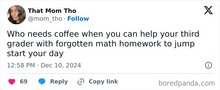 Tweet about parenting humor and forgotten math homework by @mom_tho.