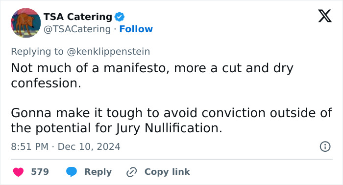 Tweet discussing Luigi Mangione's manifesto and potential jury nullification, mentioning conviction challenges.