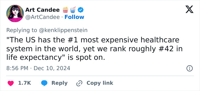 Tweet by Art Candee discussing the cost of the US healthcare system and life expectancy rankings.