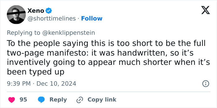 Tweet discussing Luigi Mangione's handwritten manifesto appearing shorter when typed.