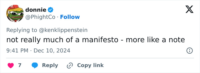 Tweet questioning the significance of Luigi Mangione's manifesto, calling it more of a note.