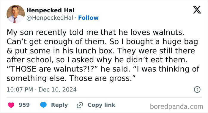 Tweet from a parent sharing a funny story about their son's dislike for walnuts, despite claiming to love them.