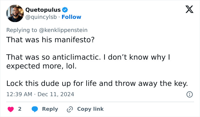 Quetupulus tweets about Luigi Mangione's leaked manifesto, expressing disappointment and suggesting imprisonment.