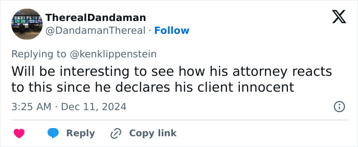 Tweet discussing attorney's potential reaction to Luigi Mangione's manifesto leak, questioning client's innocence.