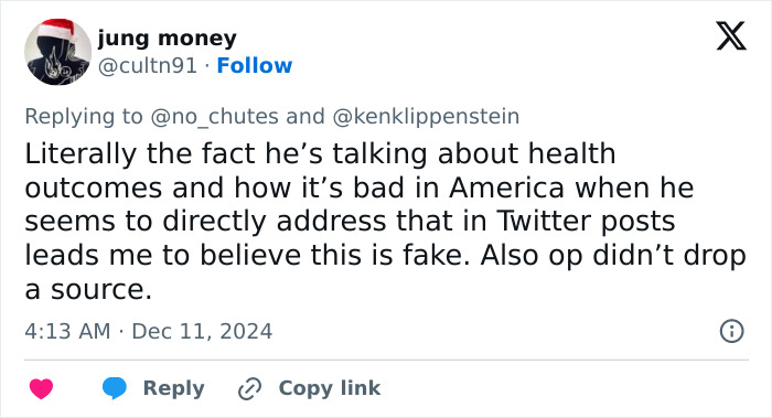 Tweet discussing skepticism about health outcomes in America, possibly linked to Luigi Mangione's manifesto leak.