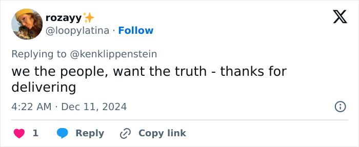 Tweet reply thanking a reporter for delivering the truth using Luigi Mangione's manifesto insights.