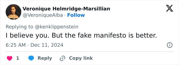 Twitter reply discussing Luigi Mangione's manifesto debate.