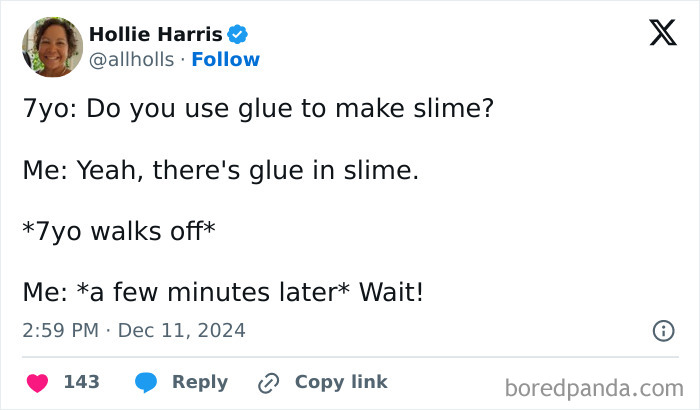 Funny tweet from a parent about a 7-year-old asking if glue is used for slime.