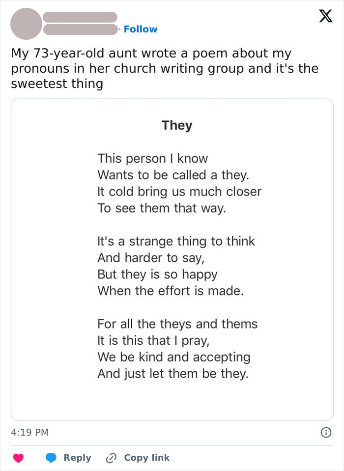 Tweet showing a wholesome poem about pronouns, supporting acceptance and kindness.