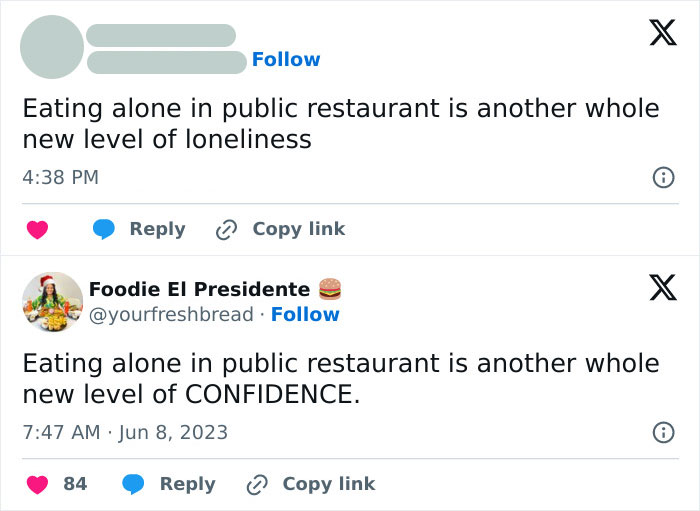 Wholesome tweet exchange about eating alone, highlighting confidence over loneliness.