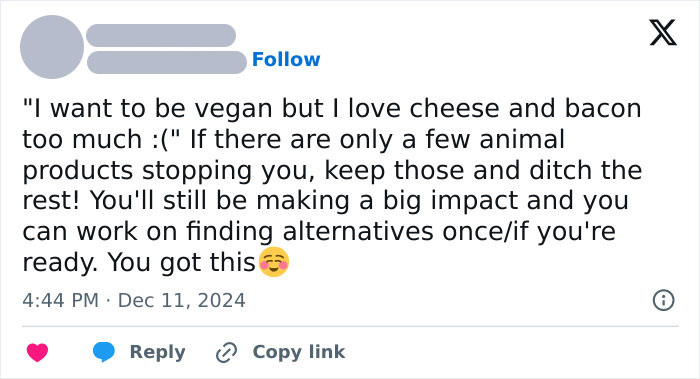 Tweet offering wholesome support for someone struggling to become vegan, suggesting moderation and encouraging alternatives.